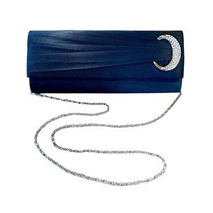 Misha Black Satin Clutch Silver Chain Rhinestone Crescent